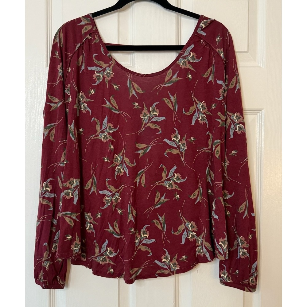 Free People Floral Long Sleeve Blouse Low Back Twist Front Burgundy Size M